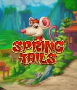 A charming illustration of a mouse wearing a red traditional Chinese outfit standing in a scenic mountain backdrop. The image promotes the Spring Tails Slot by Betsoft, showcased with striking red and gold logo text.