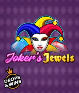 Discover the vibrant world of Joker's Jewels slot by Pragmatic Play, highlighting a charming joker's mask decorated with a brightly colored jester hat. This graphic conveys the fun and excitement of casino gaming, set against a purple background. Ideal for casino game enthusiasts, promising a delightful play experience. 